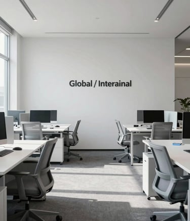 A wide-angle shot of a minimalist, sun-drenched office space featuring a clean layout with white desks and soft gray ergonomic chairs, accented by subtle blue lighting, Global / International.
