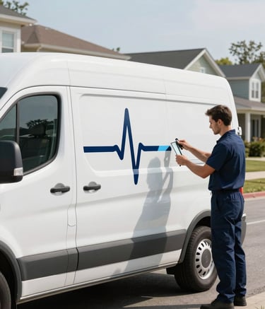 A clean, white professional service van with a subtle dark blue and steel blue heartbeat-line decal parked on a tidy North American suburban street. A technician in a professional navy blue uniform is efficiently preparing high-end glass tools from the back of the vehicle. Bright, morning sunlight.