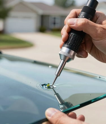 A high-detail, professional close-up of a technician's hand using a specialized precision tool to inject resin into a small windshield chip. The setting is a bright, North American residential driveway. The lighting is crisp and natural, highlighting the clean, modern glass repair technology with colors of steel blue and light blue in the background.