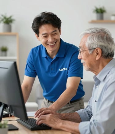 A professional IT technician in a clean branded polo shirt smiling while helping an elderly person with their computer in a bright, modern living room in Toulouse. The atmosphere is reassuring and helpful, with subtle brand accents of medium blue and light grey in the decor.