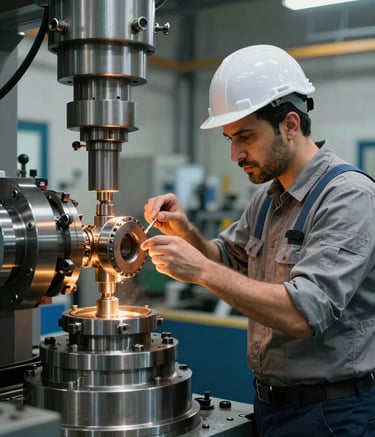 A professional engineer in a modern Middle Eastern / Turkish industrial facility, inspecting a complex steel mold under soft gold and steel blue lighting, conveying precision and authority.
