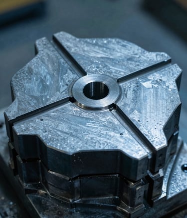 Macro photography of a high-precision industrial metal mold, focusing on the intricate textures and sharp edges. Metallic steel blue and dark slate blue tones, shot in a professional Middle Eastern / Turkish workshop environment.