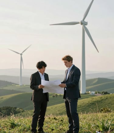 A sophisticated, clean photograph of two professionals—one Japanese and one European—standing on a grassy hill overlooking a potential wind turbine site. They are reviewing blueprints together. The lighting is soft morning light, with a palette of soft sage green hills and mist white sky.