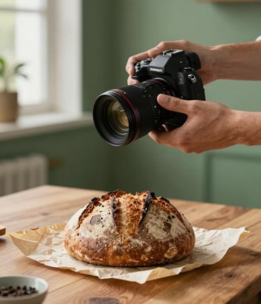 A professional digital content creator in a North American / US studio setting, focusing a camera lens on a rustic artisan loaf of bread on a Crisp Parchment wooden table. The background features Matte Forest Green accents and soft, natural morning light.