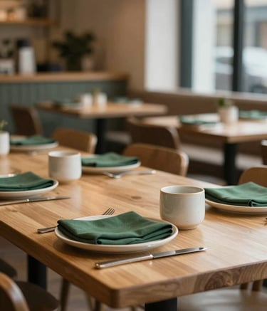An inviting, cozy Scandinavian-style restaurant interior in a North American / US city. Tables are light wood, set with Crisp Parchment ceramics and Matte Forest Green napkins. Warm, professional lighting creates a trustworthy and high-end feel.