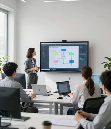 A bright, modern office space with professional developers collaborating around a large screen showing software architecture. Soft morning light, minimal corporate decor, clean white walls. Global / English-speaking.