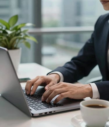 Close-up of a professional's hands typing on a high-end laptop in a sleek, glass-walled office. A green plant and a clean ceramic cup sit on a polished white desk. Global / English-speaking.