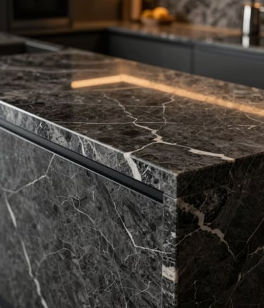 A sophisticated modern kitchen scene showcasing a premium polished dark charcoal marble countertop with elegant soft white veins. The lighting is warm and cinematic, highlighting the smooth texture and professional edge finishing of the stone work.