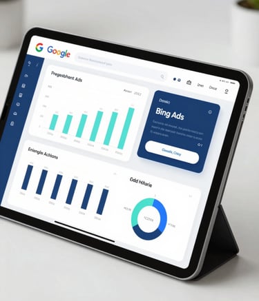 A close-up, sharp-focus image of a sleek tablet displaying professional Google and Bing Ads analytics dashboards. The environment is a clean, modern workspace with soft lighting. The color palette emphasizes professional tones of #3A506B and #1C2541 with bright #E0FBFC highlights from the screen.