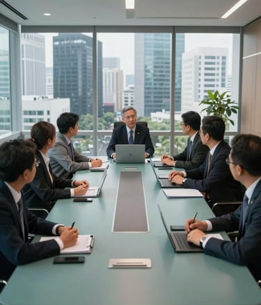 A wide shot of a sleek, modern corporate boardroom in a Southeast Asian / Indonesian city. Professionals are gathered around a Slate Teal table, engaged in a collaborative strategy meeting. The atmosphere is sophisticated and highlights modern leadership.