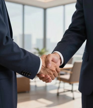 A close-up of a professional business handshake between two corporate leaders in a modern Southeast Asian / Indonesian office setting. The lighting is bright and natural, reflecting through large windows. The scene includes elements of Deep Navy and Warm Sand in the office decor.