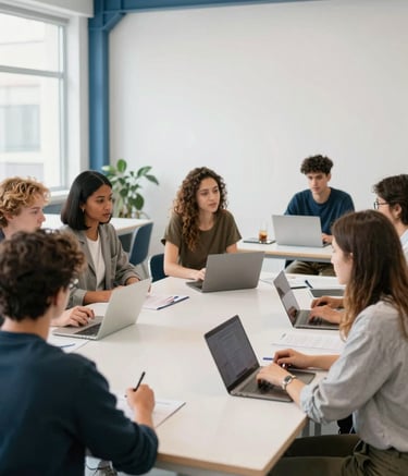 A professional photography shot of a diverse group of young adults in a bright, modern co-working space, engaged in a collaborative workshop. The room features Ice White walls and Steel Blue accents. The lighting is bright and natural, reflecting an empowering and intelligent atmosphere.