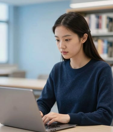 A clean, eye-level photograph of a focused university student using a laptop in a modern library. She is wearing a Deep Navy sweater. The background is a Soft Sky Blue and Ice White blurred interior, emphasizing a quiet, professional, and intuitive learning environment.
