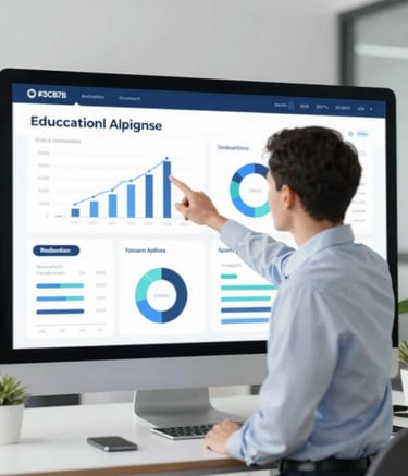 A clean, modern office setting where a professional advisor points to a digital dashboard showing educational data charts. The atmosphere is trustworthy and bright, incorporating subtle blue accents of #3C6B7B and #1A2E35 in the furniture and UI.