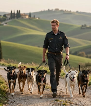 A professional dog walker in Southern European / Italian attire leading a group of well-behaved dogs along a scenic hilltop path in Fiesole, warm morning light, soft green hills background.