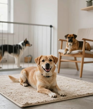 A clean and cozy indoor doggie daycare environment in a Southern European / Italian home, featuring a comfortable rug and natural light, with a happy dog resting near a wooden chair.
