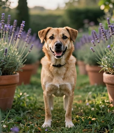 A medium-sized dog looking happily at the camera in a lush, green Fiesole garden, surrounded by terracotta pots and lavender, warm golden hour lighting.