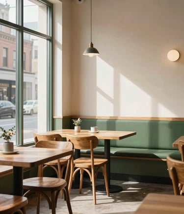 A cozy, Scandinavian-style restaurant interior in a North American / US city, featuring Matte Forest Green accents, clean Crisp Parchment walls, and warm wooden furniture, soft morning light pouring through large windows, peaceful and inviting.
