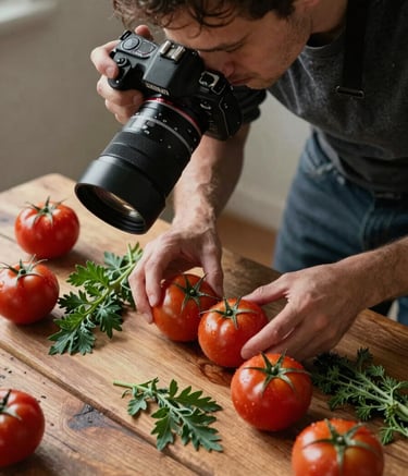 A high-angle photography shot of a professional photographer in a North American / US studio setting, meticulously arranging Deep Ripe Crimson tomatoes and Matte Forest Green herbs on a rustic wooden table, soft natural side lighting, sophisticated and professional atmosphere.