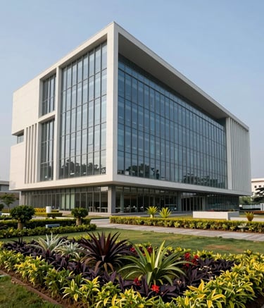 Professional architectural photography of a modern Indian university library building with clean lines and glass facade, under a clear sky. In the foreground, a beautifully landscaped garden with South Asian vegetation reflects the sophisticated atmosphere of top private institutions.