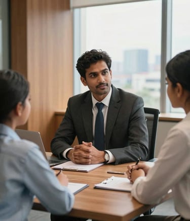 A South Asian male consultant in business attire having a professional meeting with a parent and student. They are seated in a clean, modern Indian office with warm wooden accents and a view of the city through the window.