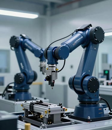 Photography of a high-precision robotic arm assembly line in a clean, modern industrial facility. The scene is dominated by deep midnight blue and muted dark blue colors, emphasizing technical excellence. The setting reflects a modern Spanish factory with cool, precise lighting.
