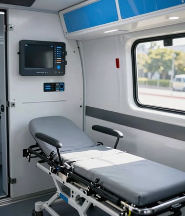A close-up photograph showing the interior of a modern, clean ambulance in Buenos Aires, Argentina. The scene features high-tech medical equipment and a comfortable stretcher, bathed in bright, reassuring daylight. The color palette includes soft gray and primary blue accents, emphasizing clinical excellence and safety.