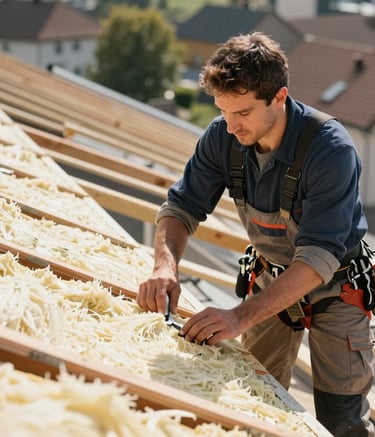 A professional roofer in clean work clothes installing insulation boards on a roof frame, European setting, focused expression, bright natural lighting, emphasizing craftsmanship.