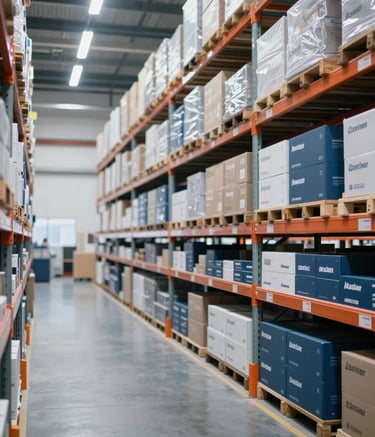 An expansive and ultra-clean modern warehouse interior with high-reaching shelves organized perfectly with brand-name boxes. The scene captures efficiency and scale, featuring a palette of #0A192A and #98AFC0 under bright, natural studio lighting for a trustworthy business impression.