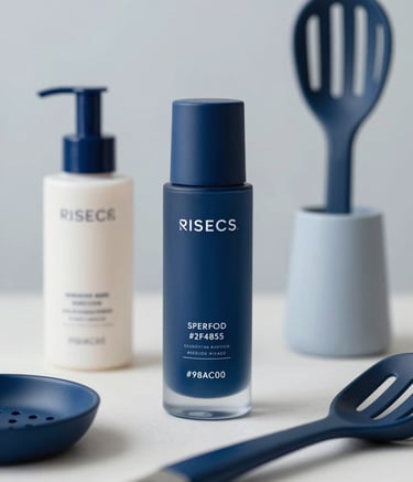 A professional close-up shot of high-quality retail products, including a designer cosmetic bottle and a modern kitchen tool, arranged on a clean, minimalist surface. The lighting is bright and crisp, emphasizing quality and trust. The composition incorporates brand tones of #2F4858 and #98AFC0 to reflect a professional business aesthetic.