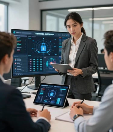 A professional North American business setting where a team lead monitors a sleek digital dashboard on a tablet, symbolizing control and secure connectivity in a modern office environment.