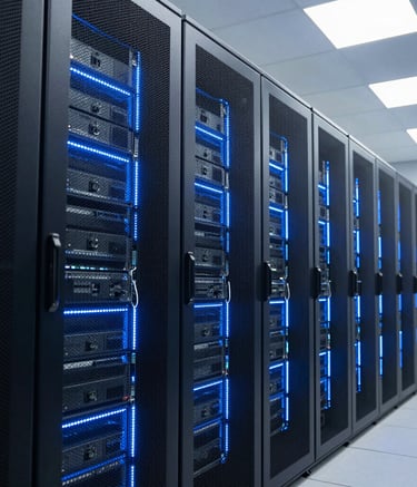 A modern data center aisle in North America with clean, glowing blue LED server racks, bright professional lighting, and a feeling of immense security and reliability.