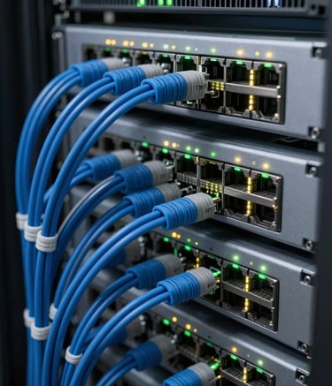 Macro photography of a professional network server rack with organized blue and grey cables, glowing status indicator lights, clean and cool lighting, symbolizing stability and expert technology management in a North American data center.