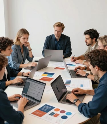 Photography of a professional team in a North American / US agency, brainstorming around a Soft Cream table with Terracotta and Muted Blue accents on their laptops and mood boards in a bright studio.
