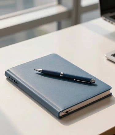 Photography of a sleek, modern workstation in a high-rise North American / US office, featuring a Muted Blue notebook and a Dark Slate pen on a Soft Cream desk, with warm sunlight filtering through the window.