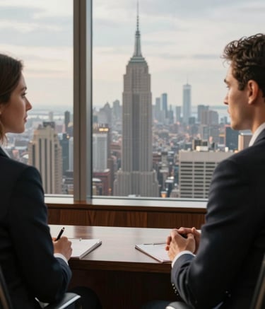 Close-up photography of a professional business consultation in a high-rise office overlooking a North American skyline, soft morning light hitting mahogany and glass surfaces, pale cloud gray walls, North American / European business.