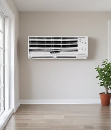 Technician installing a sleek orange and white air conditioner in a modern home