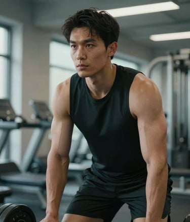 A medium shot of an athlete focused and determined, preparing for a workout in a premium fitness facility. The setting is clean and functional, with subtle sage and muted blue lighting highlights.