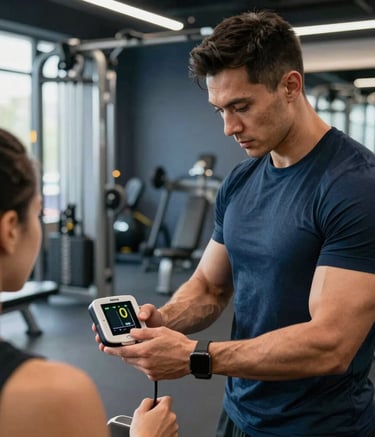 A professional fitness coach in a sleek, modern North American training center, checking a heart rate monitor on a client. The lighting is bright and airy with deep slate and muted blue tones in the background equipment.