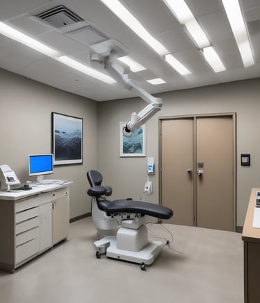 A sleek office workspace with multiple screens displaying automated workflow dashboards in blue and black tones.