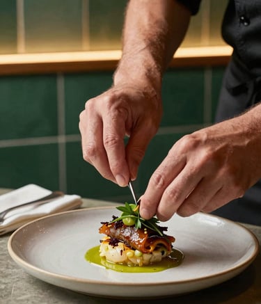 A close-up shot of a chef's hands carefully garnishing a dish in a modern restaurant. The background features matte forest green tiled walls and warm, ambient lighting. The dish is served on a crisp parchment colored ceramic plate.
