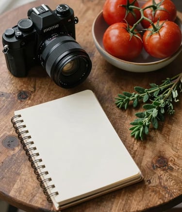 A top-down photograph of a professional camera and a vintage notebook resting on a rustic wooden table. A bowl of deep ripe crimson tomatoes and a sprig of matte forest green herbs sit nearby. Soft, natural morning light filters in, creating a cozy Scandinavian cafe atmosphere.