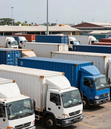 A busy logistics and transit hub in the port of Abidjan, featuring white and medium blue delivery trucks and shipping containers. Clear bright daylight, professional photography style, West African context.