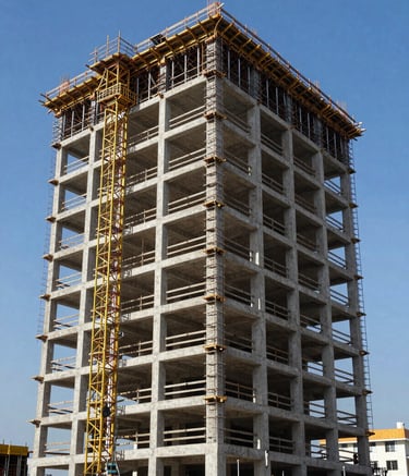 A modern construction site in Ivory Coast with rising scaffolding and a high-rise structure under a bright blue sky. Professional atmosphere, depicting progress and stability in West African architecture.