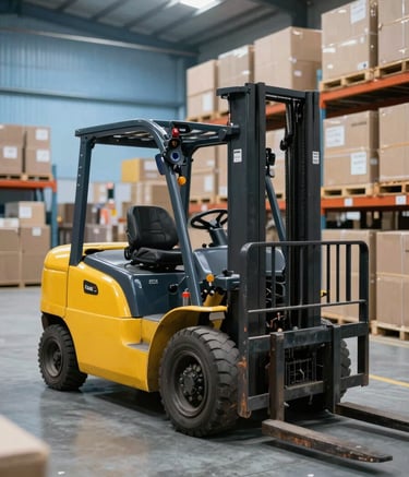 Wide shot of a modern Brazilian logistics warehouse. In the foreground, a perfectly maintained yellow forklift stands ready. The atmosphere is professional and efficient, with light blue and amber tones in the lighting. High-quality commercial photography.