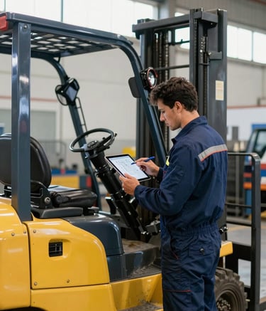 A South American mechanic in a professional navy blue uniform uses a tablet to check technical diagrams next to a large yellow forklift. The setting is a bright, clean, and organized industrial workshop in Brazil. Photography, sharp focus, natural light coming from high windows.