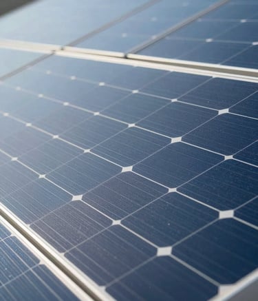 A close-up, high-angle shot of sleek, modern solar panels reflecting a clear blue sky. The composition highlights the geometric patterns of the cells. The lighting is bright daylight, emphasizing efficiency. Colors incorporate #2D6F7C and #8EC1BA accents.