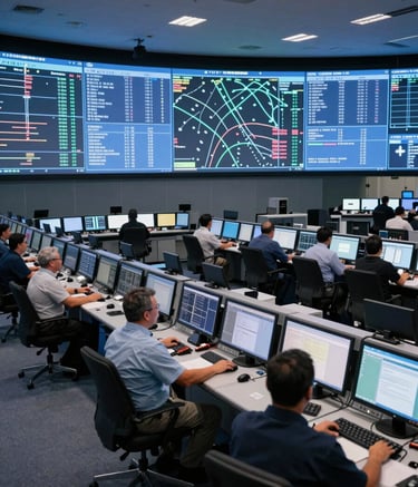 A wide-angle shot of a high-tech North American / US air traffic control center. Multiple professionals are seated at consoles with large digital displays showing flight paths. The atmosphere is calm, secure, and professional, bathed in a soft blue light.