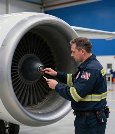 A focused aviation safety inspector in North American / US professional gear, examining the interior of a jet engine in a clean, modern hangar. The lighting is crisp, highlighting the metallic textures and the inspector's precision, with soft blue and deep blue shadows in the background.