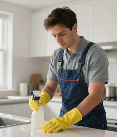 A professional cleaner in a clean, modern uniform performing detail work in a bright North American kitchen, conveying a sense of trustworthiness and high-quality service, with soft natural lighting.